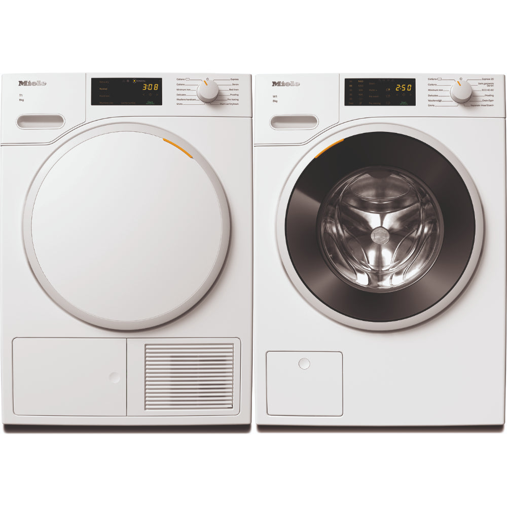 Miele Extra Quiet Washing Machine WWD 120 WCS: 8 kg, 1400 rpm and Miele Energy Efficient Heat-Pump Dryer TWC 220 WP 8kg, Perfectly Dried Cloth