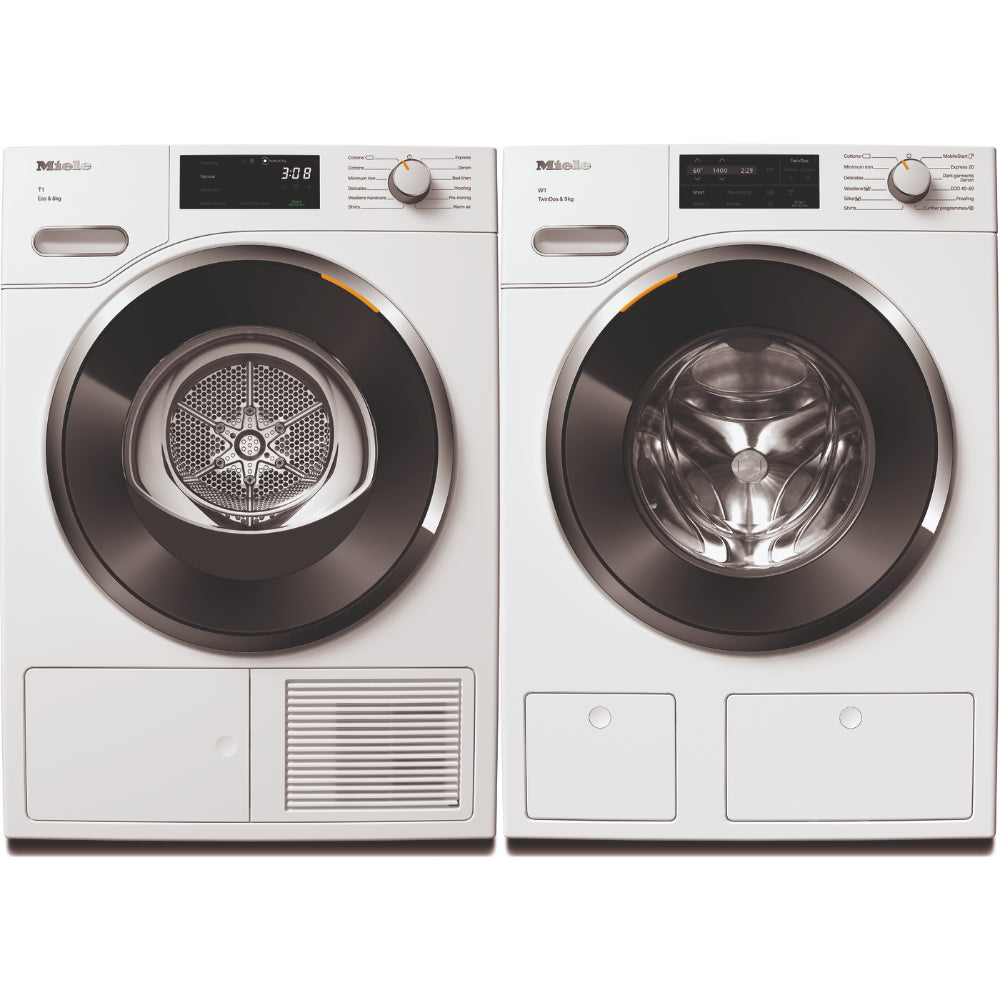 Miele Extra Quiet Washing Machine WWG 660 WCS, 9 kg, 1400 rpm Made in Germany and Miele Energy Efficient Heat-Pump Dryer TWF 760 WP EcoSpeed&Steam 8kg, Perfectly Dried Cloth