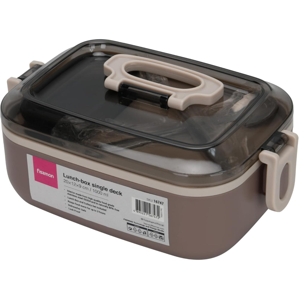 Fissman Single Deck Lunch Box 1000mL with Sauce Cup, Spoon and Fork Compartment