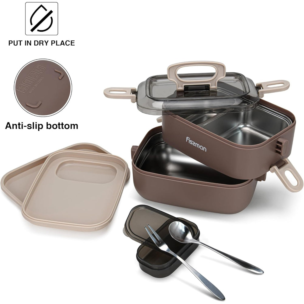 Fissman Double Deck Lunch Box 1800mL with Sauce Cup, Spoon and Fork Compartment