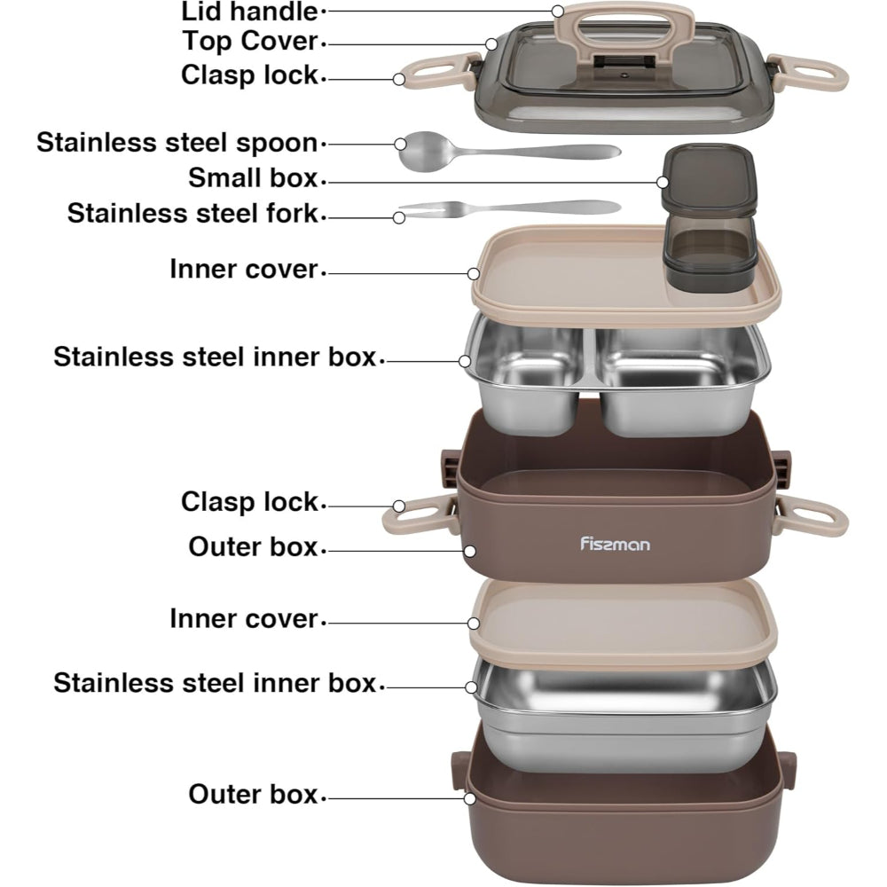 Fissman Double Deck Lunch Box 1800mL with Sauce Cup, Spoon and Fork Compartment