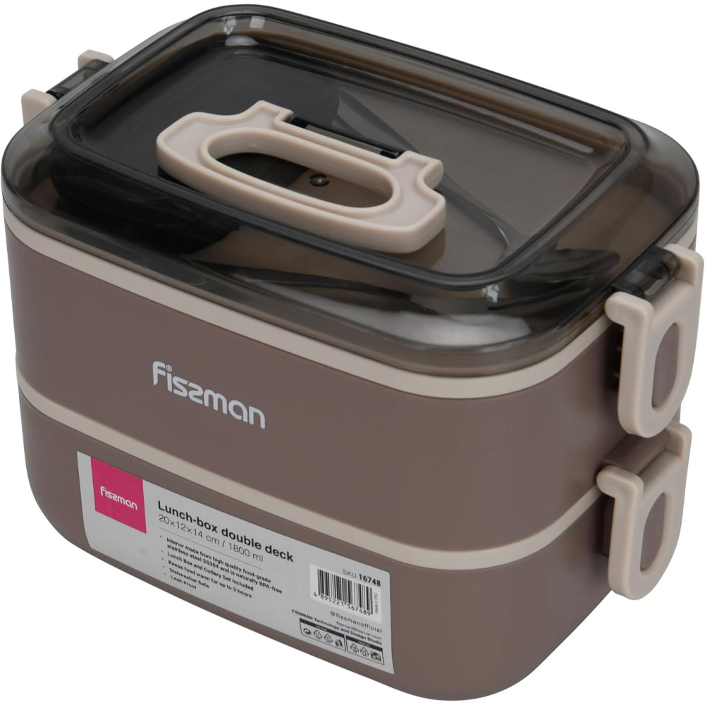 Fissman Double Deck Lunch Box 1800mL with Sauce Cup, Spoon and Fork Compartment