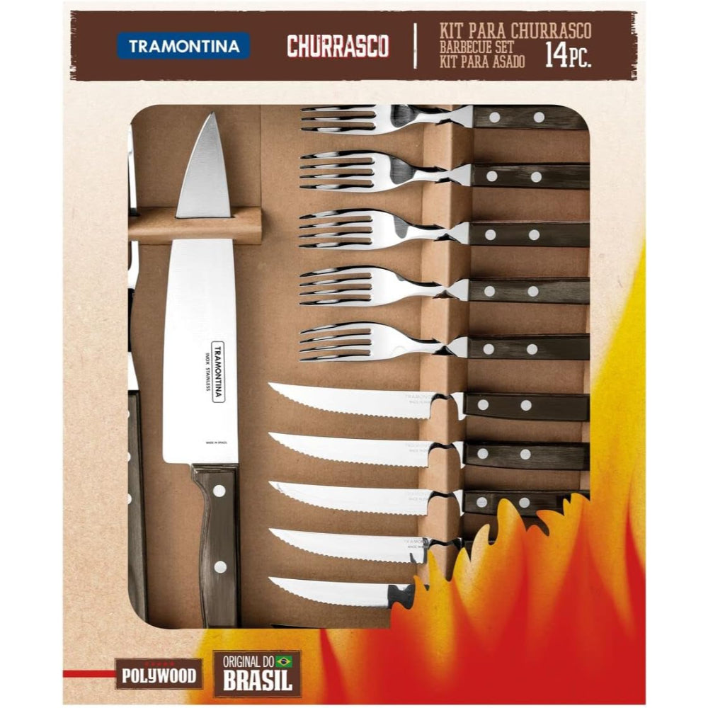 Tramontina Brazil  Churrasco 14 Pieces Stainless Steel Barbecue Kit Set with Treated Brown Polywood Handles