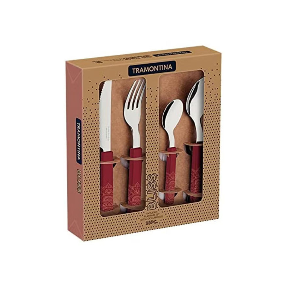 Tramontina Brazil  stainless steel barbecue flatware set with brown Polywood handles and wood case, 4pc set