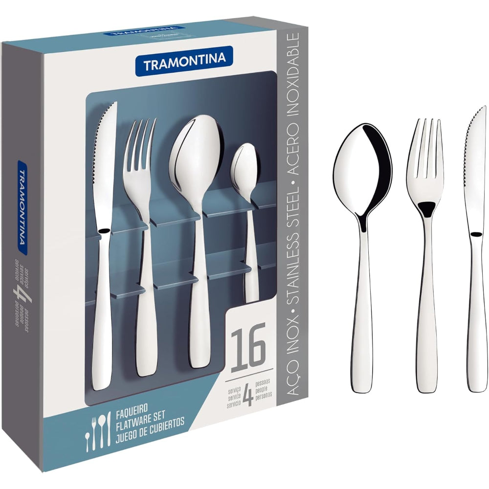 Tramontina Brazil  Amazona 16 Pieces Stainless Steel Flatware Set with Steak Knife and High Gloss Finish