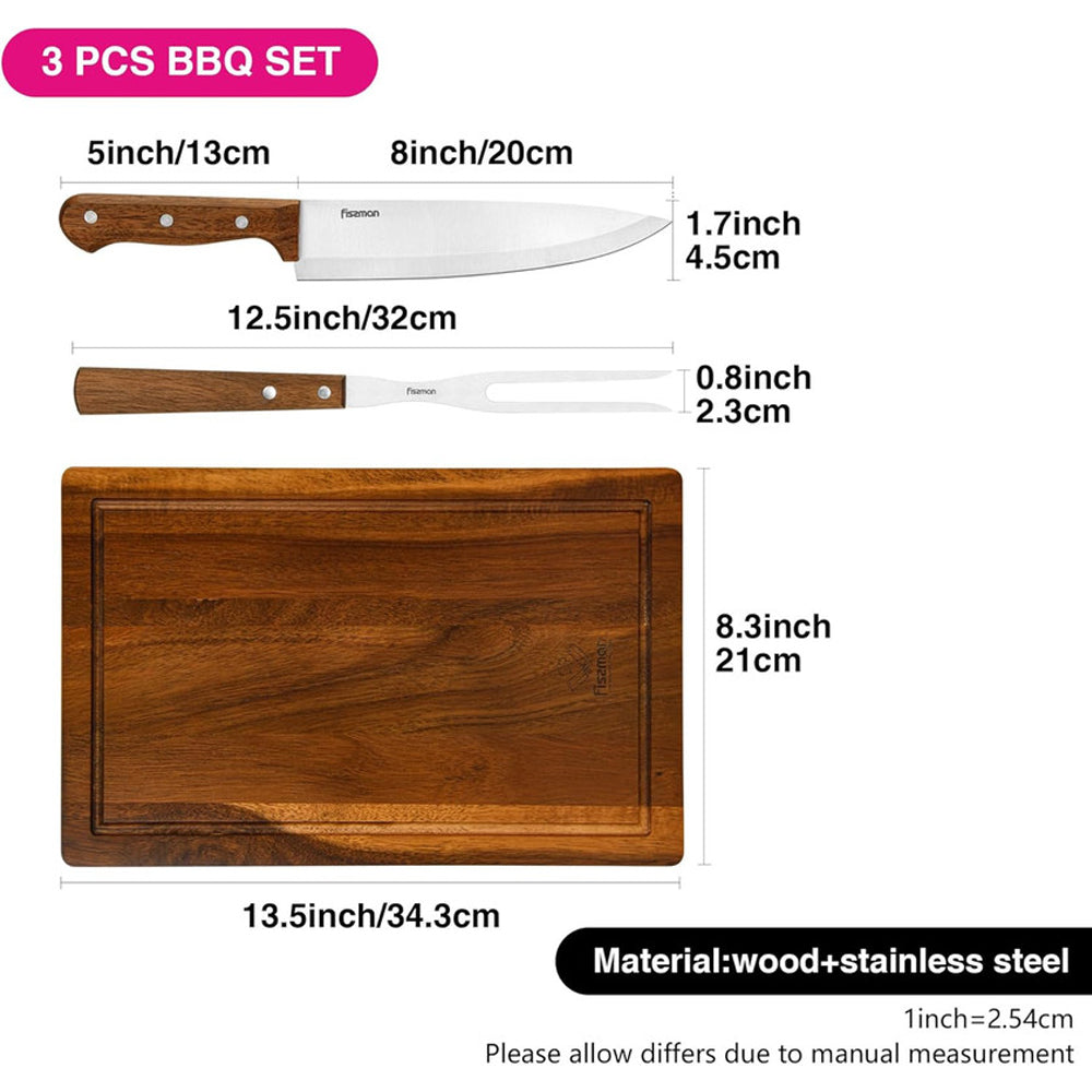 Fissman 3-Piece BBQ Set Grill Tool, Stainless Steel Acacia Cutting Board, 8'' Chef Knife, Carving Meat Fork