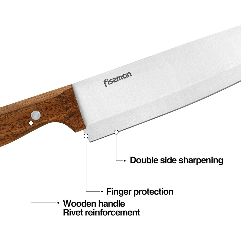 Fissman 3-Piece BBQ Set Grill Tool, Stainless Steel Acacia Cutting Board, 8'' Chef Knife, Carving Meat Fork