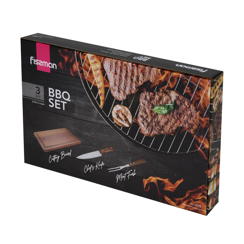 Fissman 3-Piece BBQ Set Grill Tool, Stainless Steel Acacia Cutting Board, 8'' Chef Knife, Carving Meat Fork