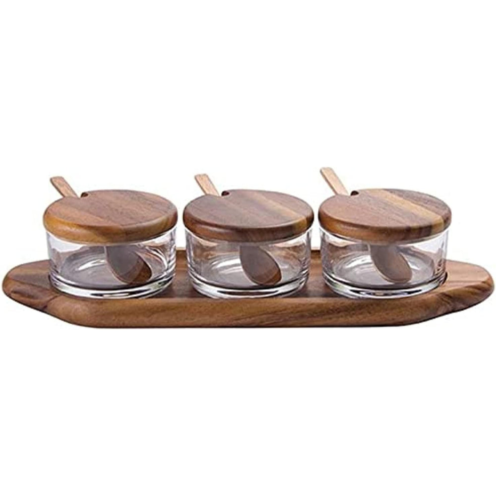 3 Condiment Set W/ Wood Tray Lid & Spoon