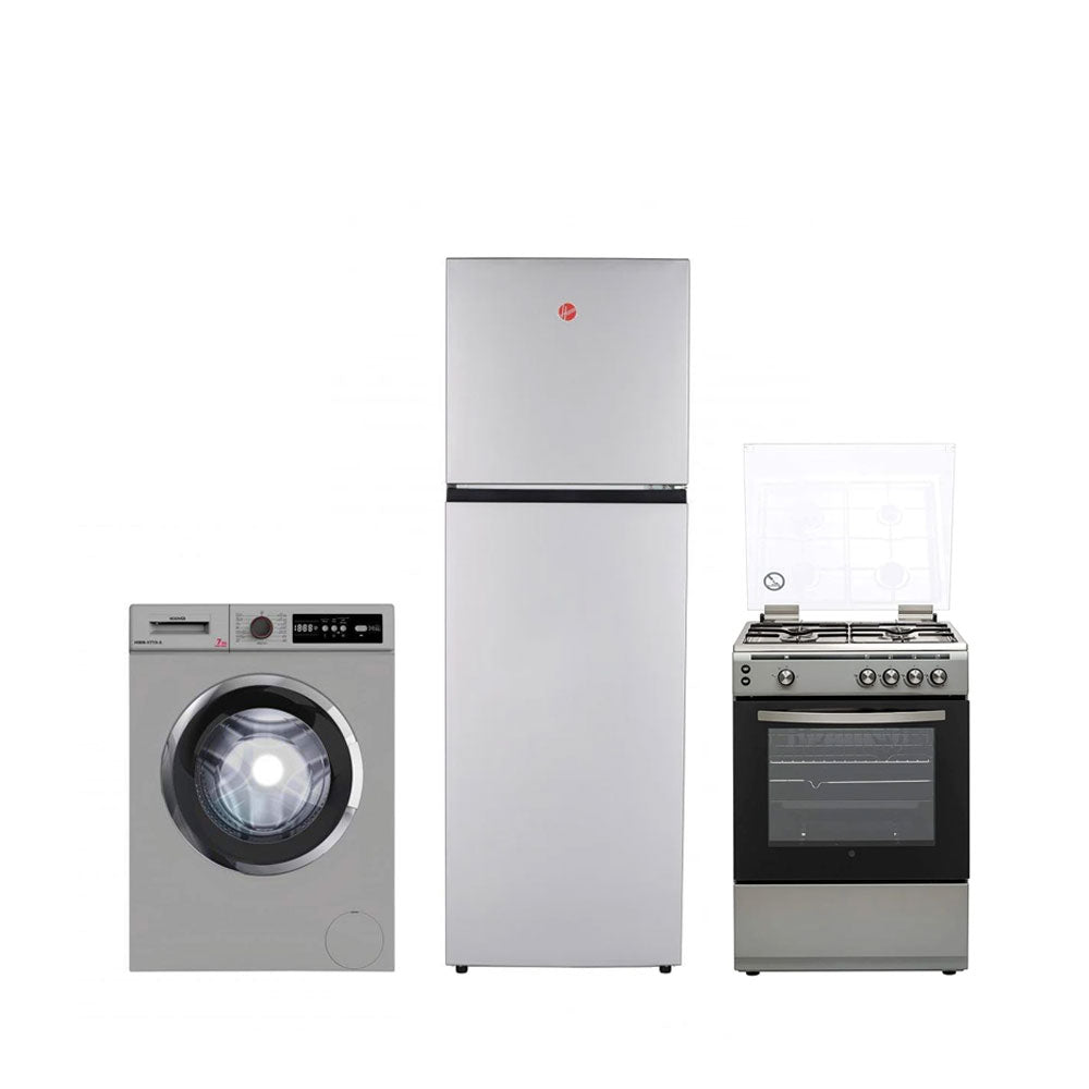 Hoover Top Mount Refrigerator 300L + Gas Cooker 60X60 + Washing Machine 7kg