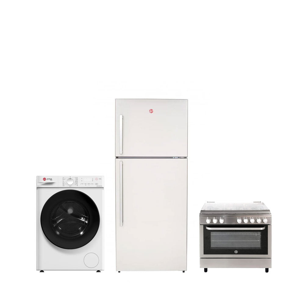 Hoover Top Mount Refrigerator 490L + Gas Cooker 90X60 +Washing Machine 8kg