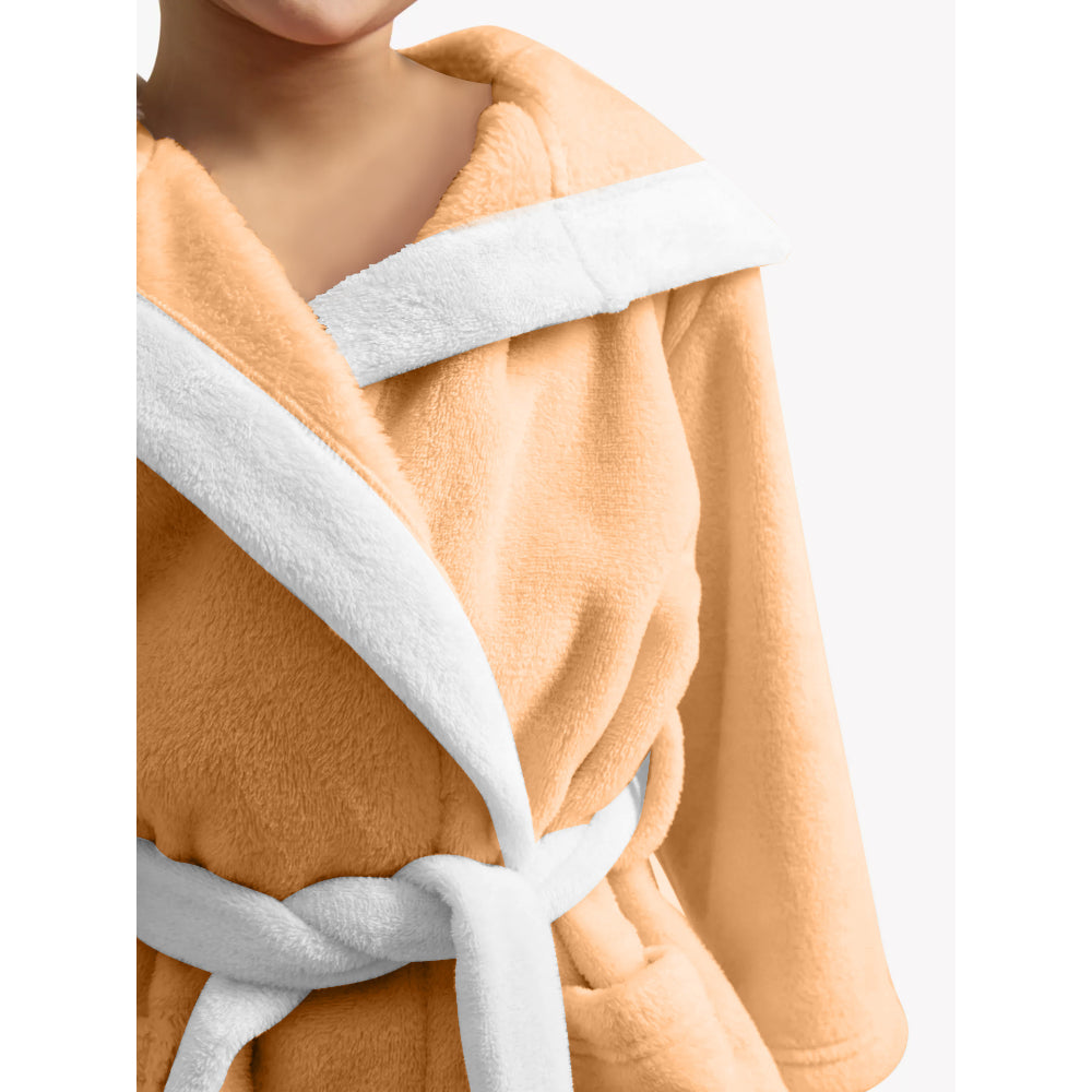 Cotton Home Bear Embroidered Kids Bathrobe with Hood and Tie Up Belt Peach