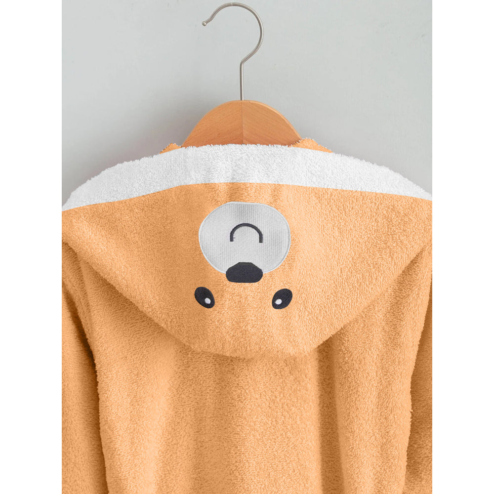 Cotton Home Bear Embroidered Kids Bathrobe with Hood and Tie Up Belt Peach