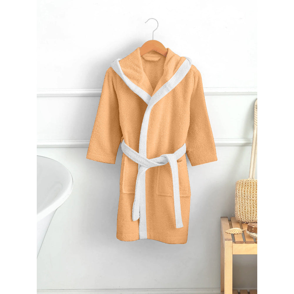 Cotton Home Bear Embroidered Kids Bathrobe with Hood and Tie Up Belt Peach