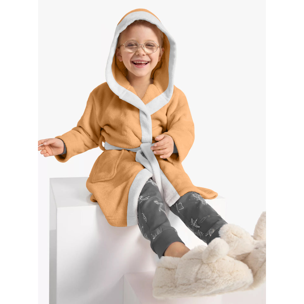 Cotton Home Bear Embroidered Kids Bathrobe with Hood and Tie Up Belt Peach