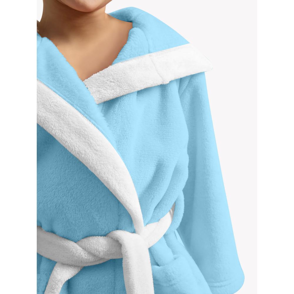 Cotton Home Panda Embroidered Kids Bathrobe with Hood and Tie Up Belt Aqua