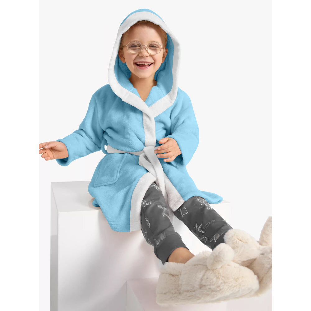 Cotton Home Panda Embroidered Kids Bathrobe with Hood and Tie Up Belt Aqua