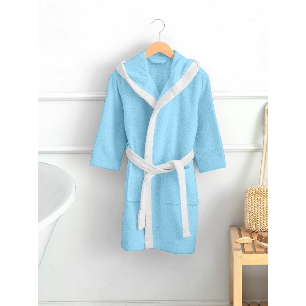 Cotton Home Panda Embroidered Kids Bathrobe with Hood and Tie Up Belt Aqua