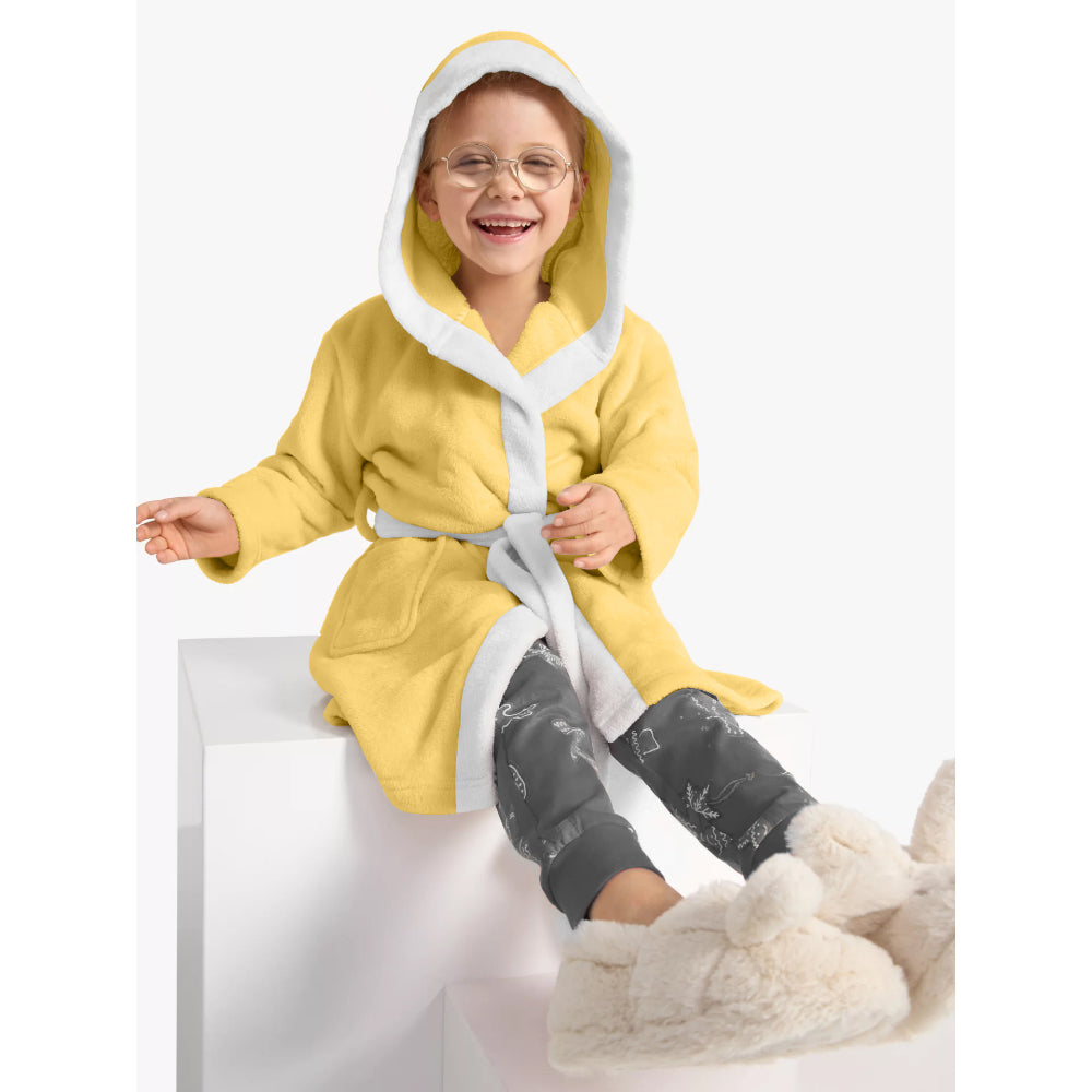 Cotton Home Duck Embroidered Kids Bathrobe with Hood and Tie Up Belt Yellow