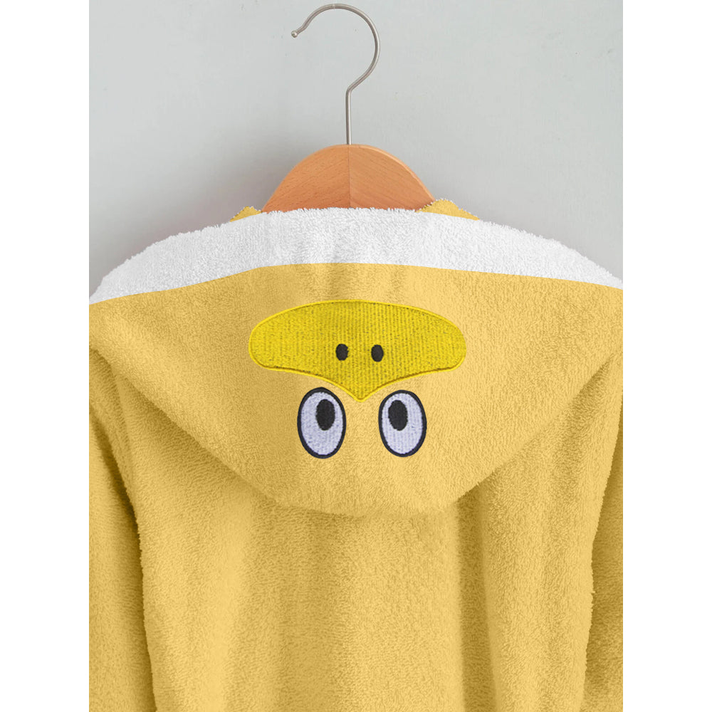 Cotton Home Duck Embroidered Kids Bathrobe with Hood and Tie Up Belt Yellow