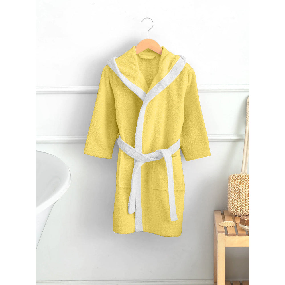 Cotton Home Duck Embroidered Kids Bathrobe with Hood and Tie Up Belt Yellow