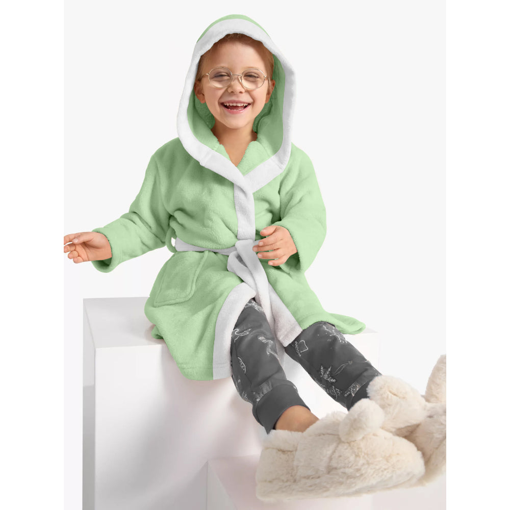 Cotton Home Polar Bear Embroidered Kids Bathrobe with Hood and Tie Up Belt Mint Green