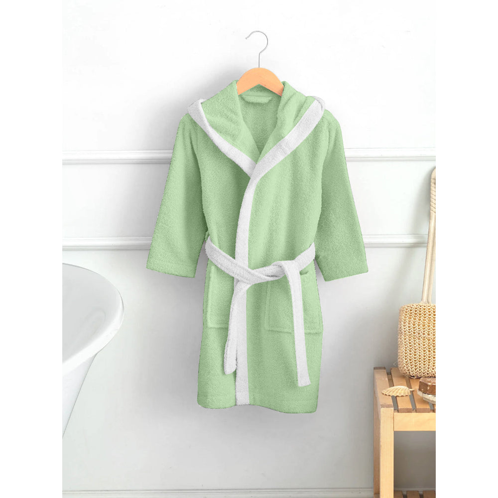 Cotton Home Polar Bear Embroidered Kids Bathrobe with Hood and Tie Up Belt Mint Green