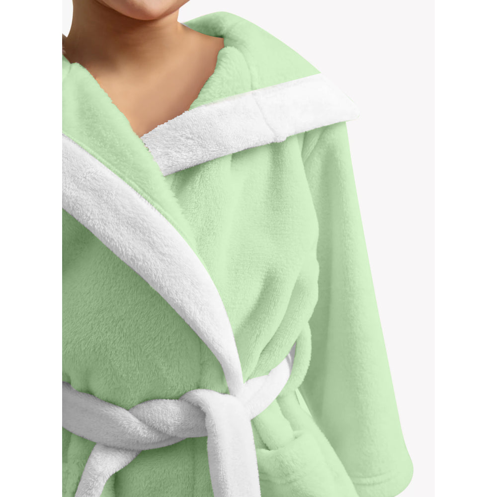 Cotton Home Polar Bear Embroidered Kids Bathrobe with Hood and Tie Up Belt Mint Green