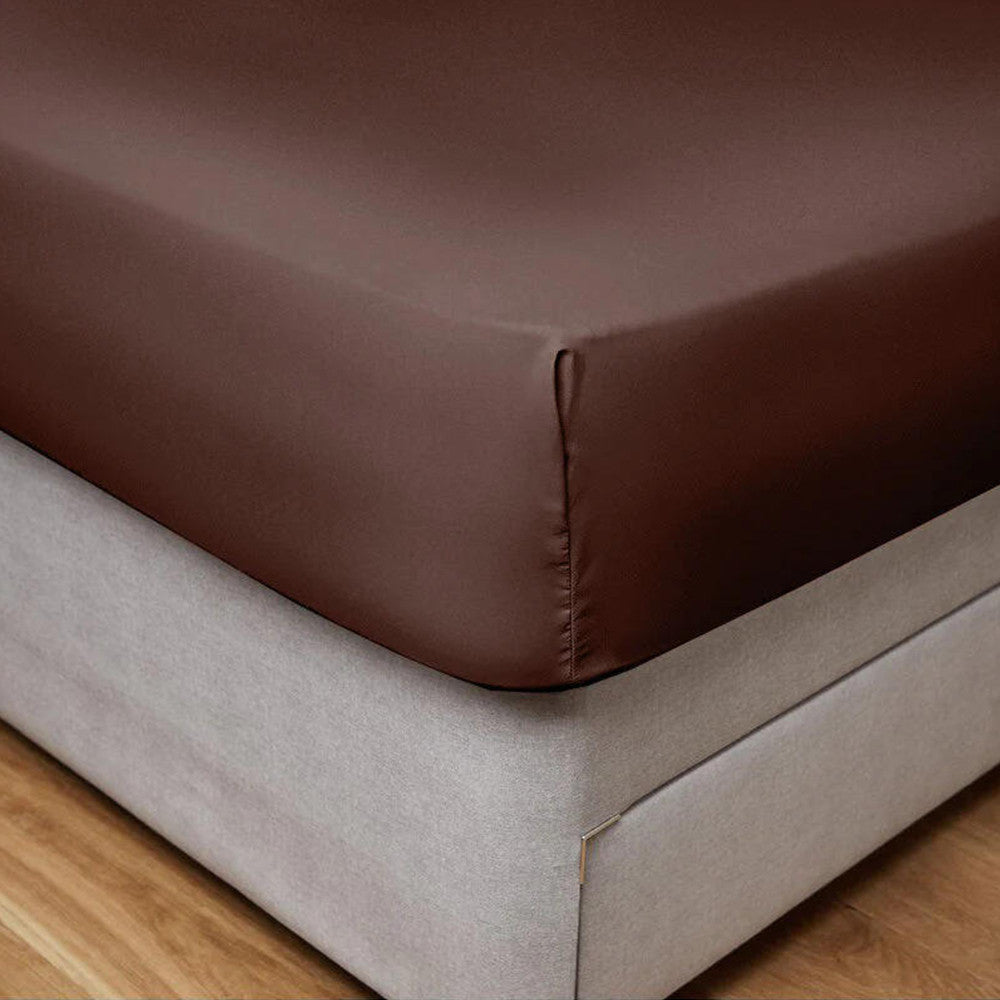 Cotton Home 100% Cotton Satin 300TC 3pc Fitted Sheet Chocolate Brown