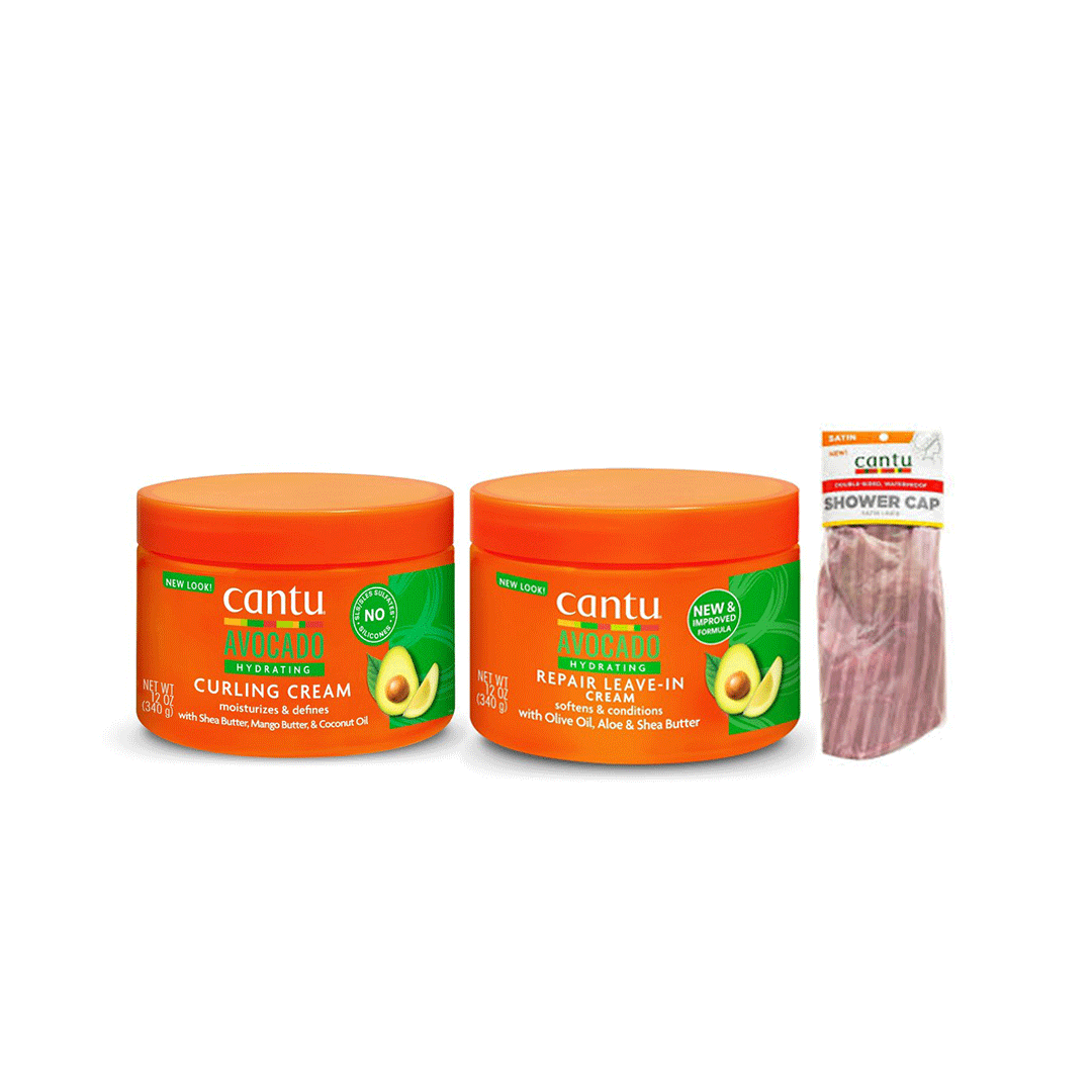 CANTU AVOCADO BUNDLE SET - CURLING CREAM 340 G+ REPAIR LEAVE-IN 340 G+Shower Cap Satin Design