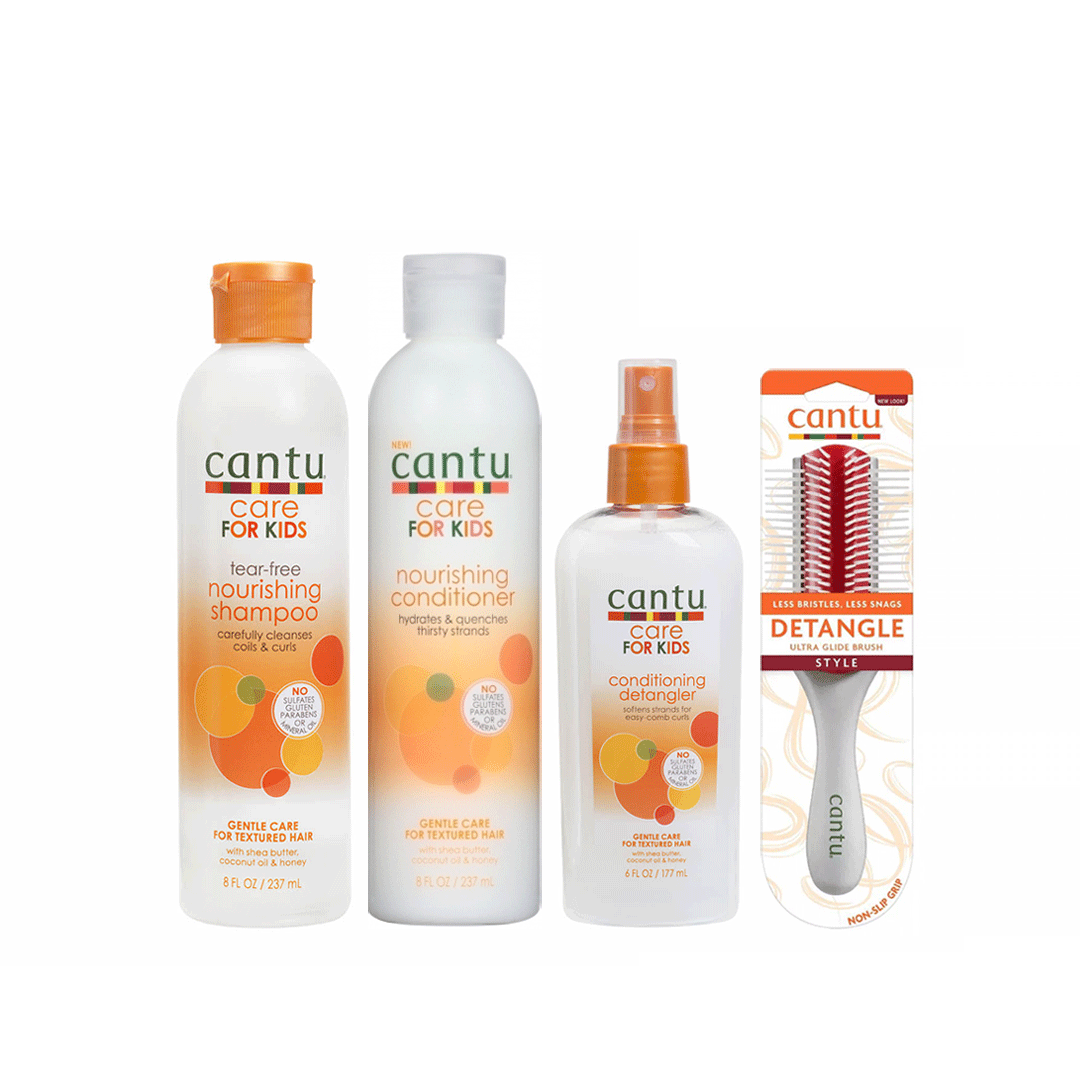 CANTU  KIDS CARE BUNDLE SET-  LEAVE IN CONDTIONER 263 G+ DETANGLER 177 ML+ CURLING CREAM 227G+ Brush