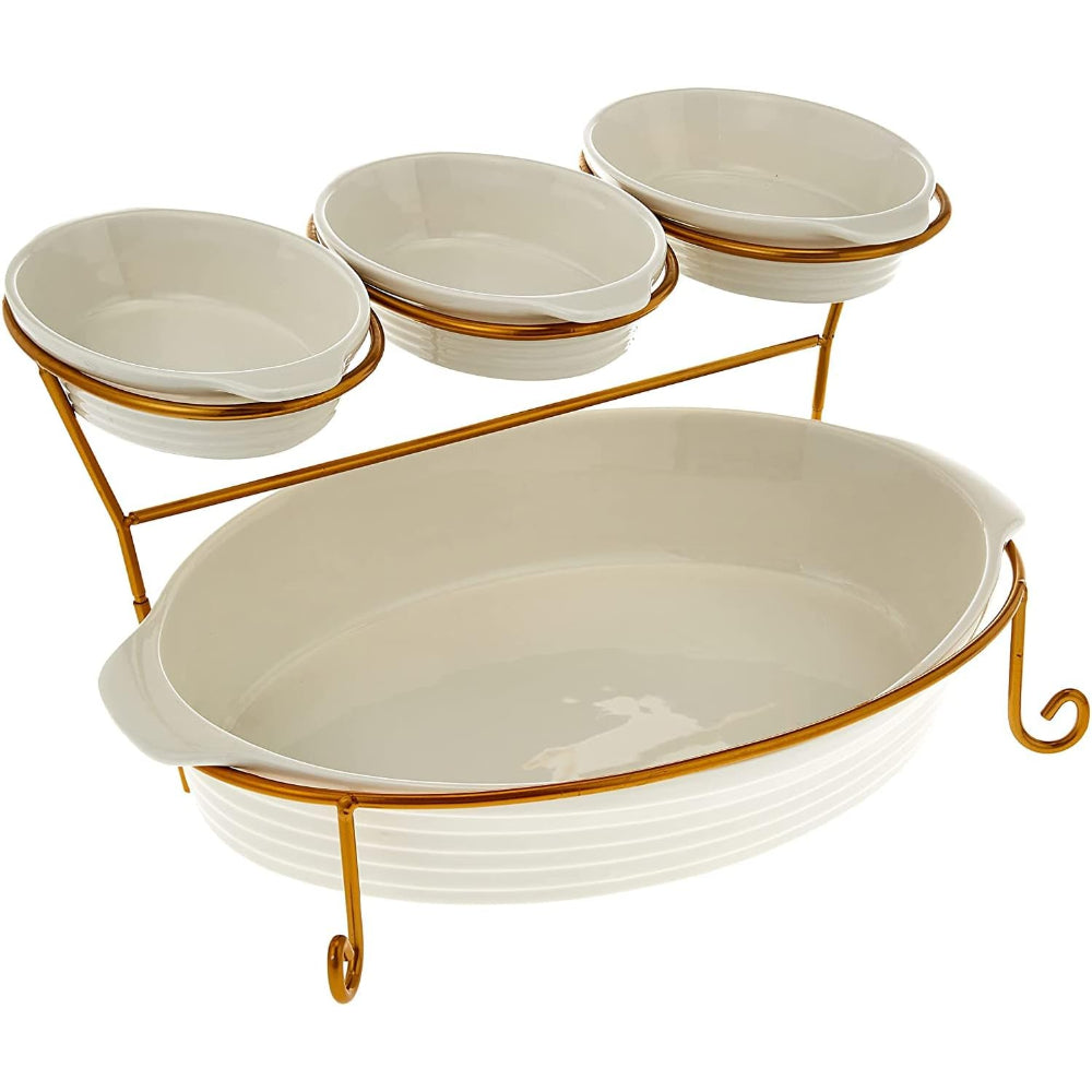 Bone China Shallow 16"/8" 2-Tier Oval Baker with Gold Stand, White - Elegant Porcelain Baking and Serving Dish Set