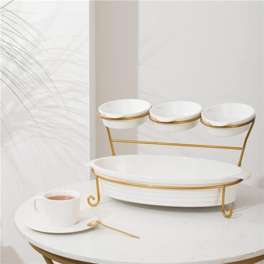 Bone China Shallow 16"/8" 2-Tier Oval Baker with Gold Stand, White - Elegant Porcelain Baking and Serving Dish Set