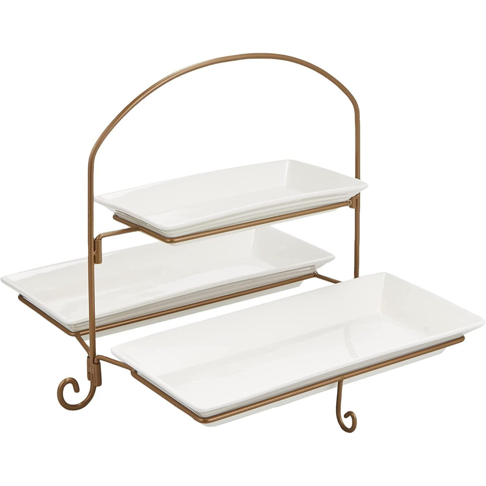 Shallow 2-Tier Rectangular Plate with Stand & Gold Rack - Porcelain Serving Set (27cm x 1, 37cm x 2) - Elegant White/Gold Design