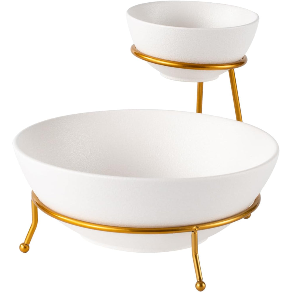 Bone China Shallow Porcelain Chip & Dip Bowl Set with Gold Stand Rack - 12cm and 24cm