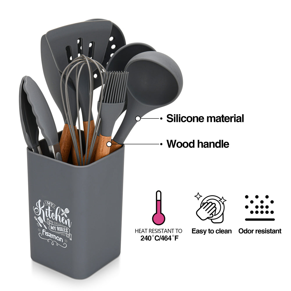 Fissman 9-Piece Kitchen Utensil Set with Holder Rack, Silicone Cooking Kitchen Tool Set with Wooden Handle