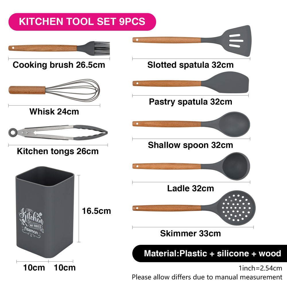 Fissman 9-Piece Kitchen Utensil Set with Holder Rack, Silicone Cooking Kitchen Tool Set with Wooden Handle