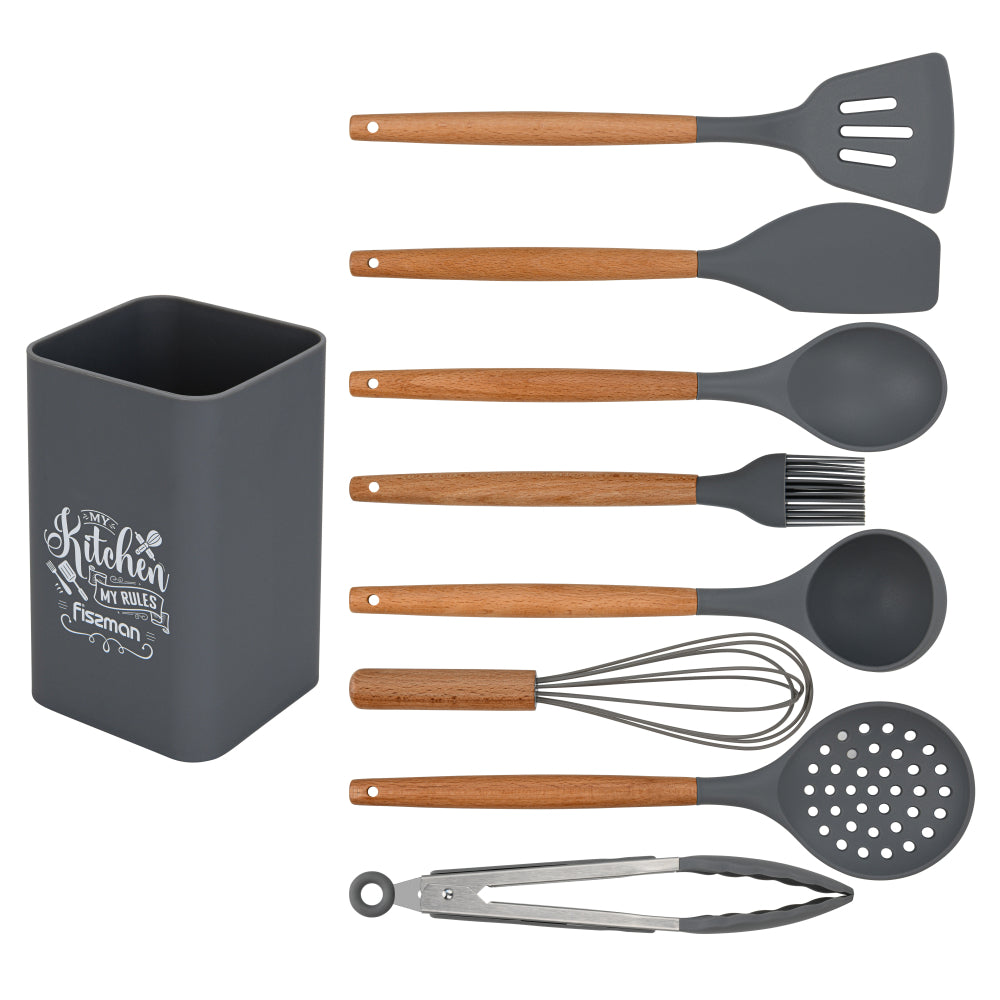 Fissman 9-Piece Kitchen Utensil Set with Holder Rack, Silicone Cooking Kitchen Tool Set with Wooden Handle