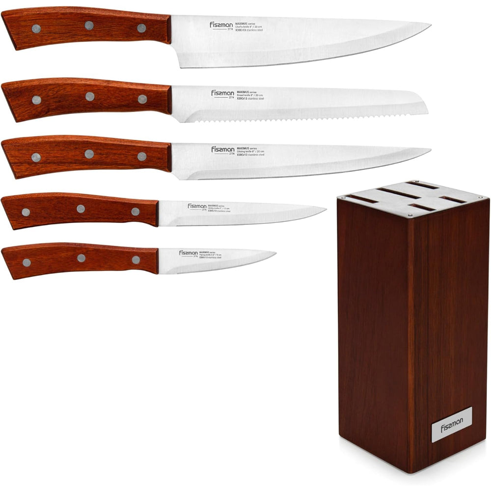 Fissman 6-Piece Kitchen Knife Set with Wooden Block, Stainless Steel Pascual Series Chef Knife, Slicing Knife, Bread Knife, Utility Knife, Paring Knife