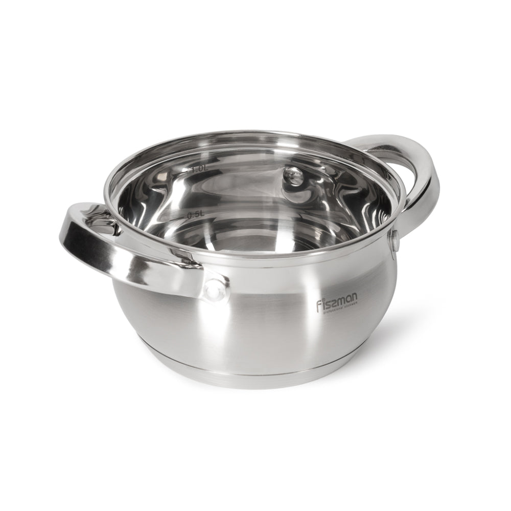 Fissman Stockpot with Glass Lid 1300mL with Measuring Mark, Stainless Steel 18/10 Inox30 Stockpot Felina Series