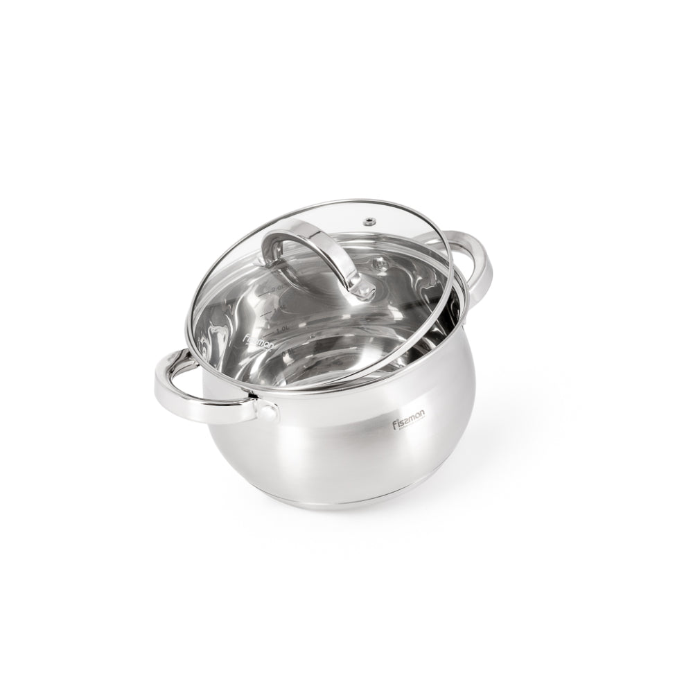 Fissman Stockpot with Glass Lid 16x10.5cm / 2.1 Liter with Measuring Mark, Stainless Steel Stockpot Felina Series