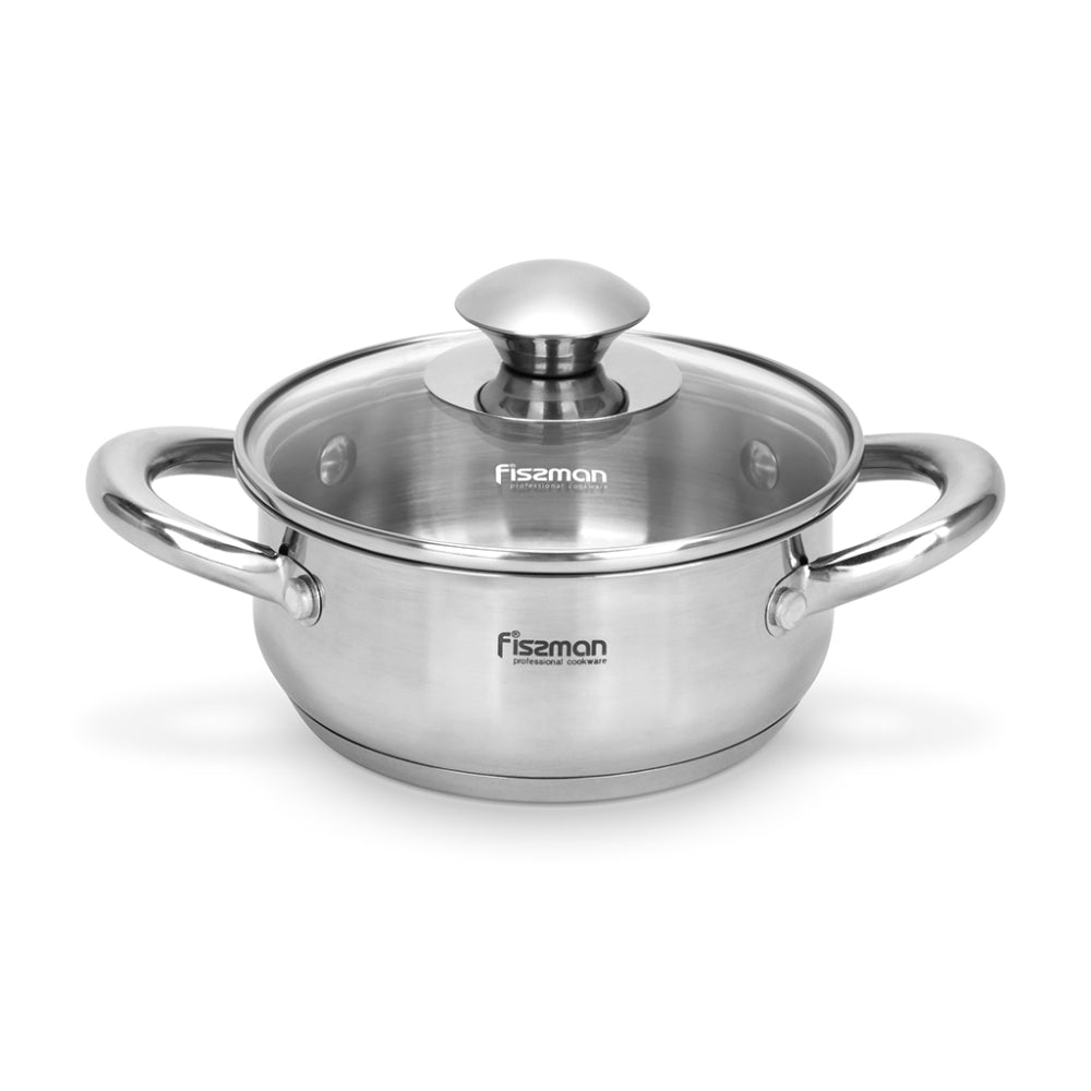 Fissman Cooking Pot 0.9L/14x6cm with Glass Lid Stainless Steel with Induction Bottom, Gulliver Series