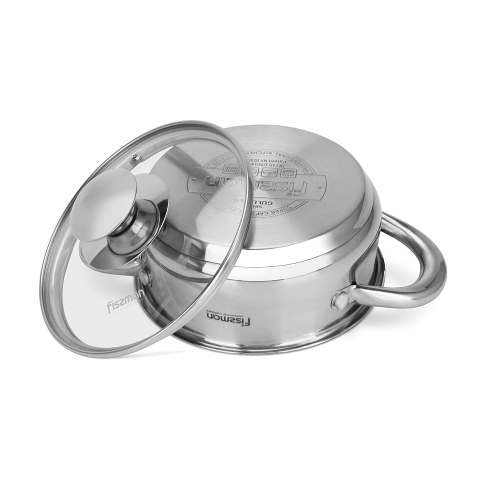 Fissman Cooking Pot 0.9L/14x6cm with Glass Lid Stainless Steel with Induction Bottom, Gulliver Series