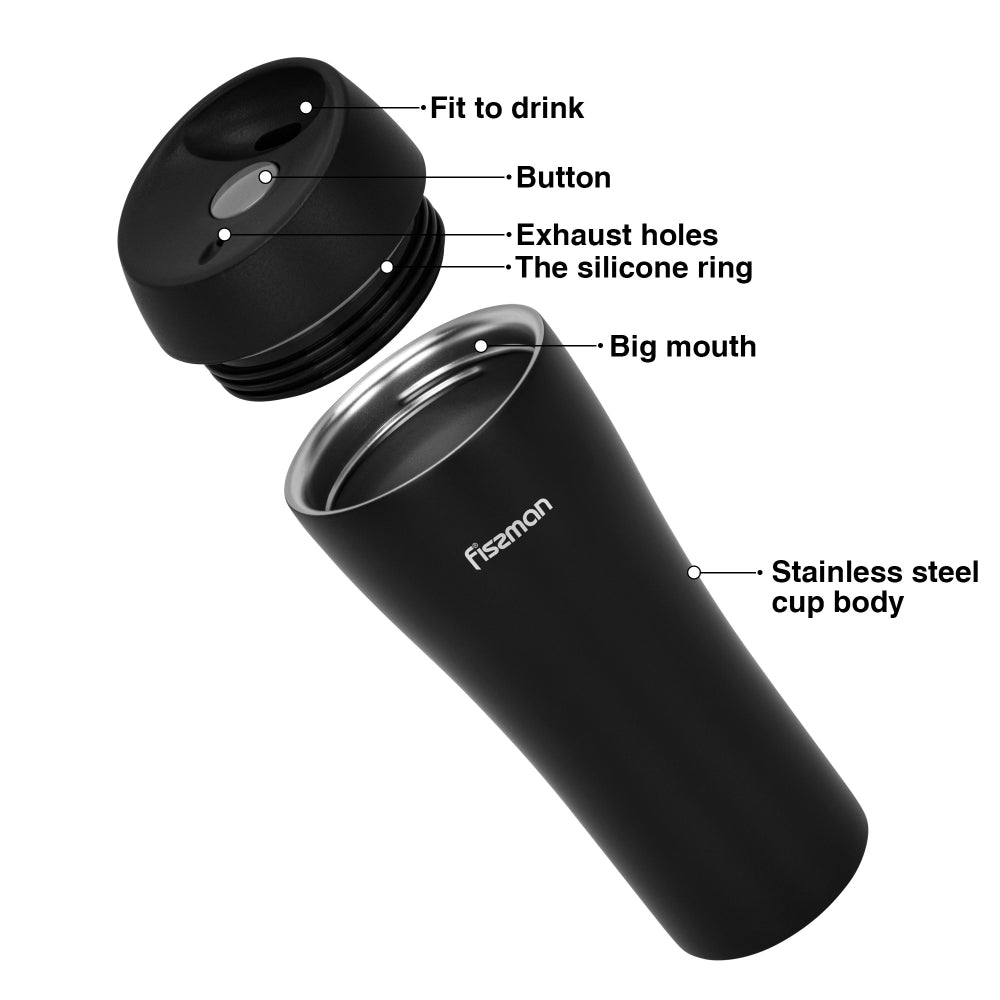 Fissman Double Wall Vacuum Travel Mug 420ml, Black Color Stainless Steel