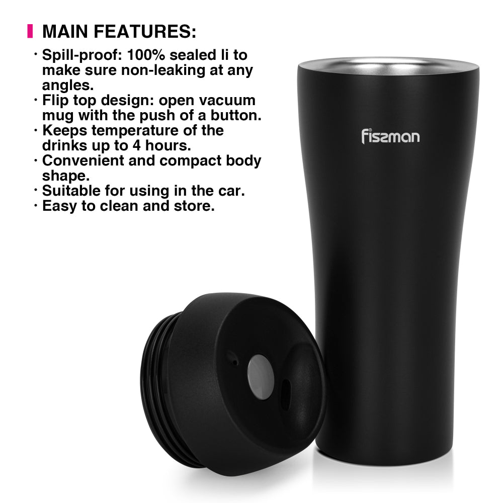 Fissman Double Wall Vacuum Travel Mug 420ml, Black Color Stainless Steel