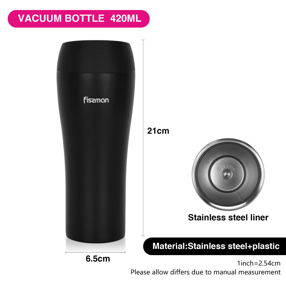 Fissman Double Wall Vacuum Travel Mug 420ml, Black Color Stainless Steel