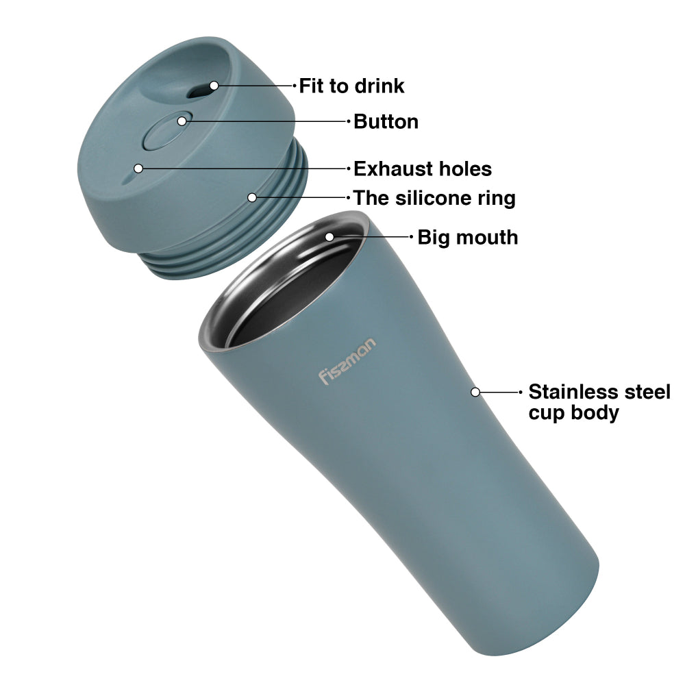 Fissman Double Wall Vacuum Travel Mug 420ml, Grey Color Stainless Steel