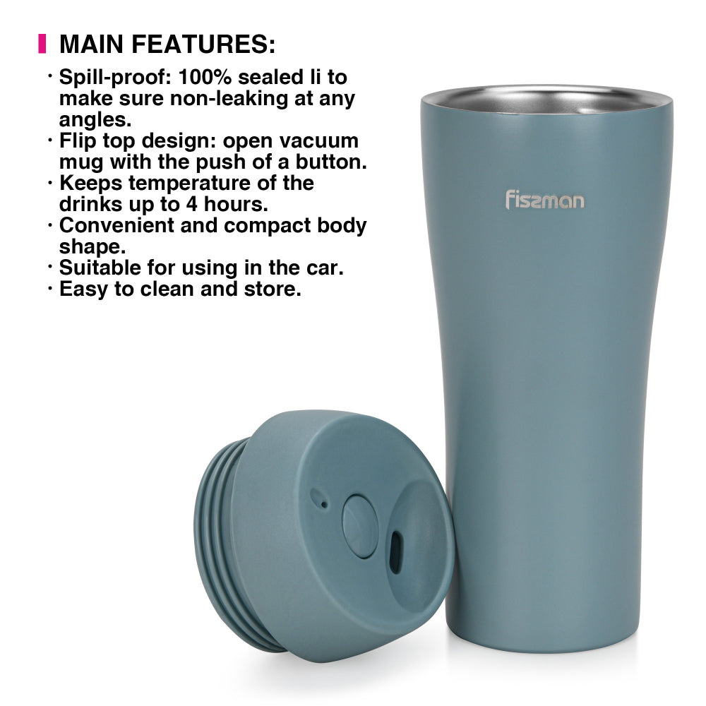 Fissman Double Wall Vacuum Travel Mug 420ml, Grey Color Stainless Steel