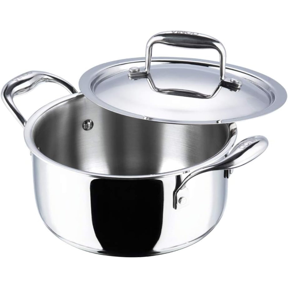 Vinod Platinum Triply Stainless Steel Saucepot with Lid - 20 cm, 3 L, 2.5mm Thickness, Silver (Induction Friendly)