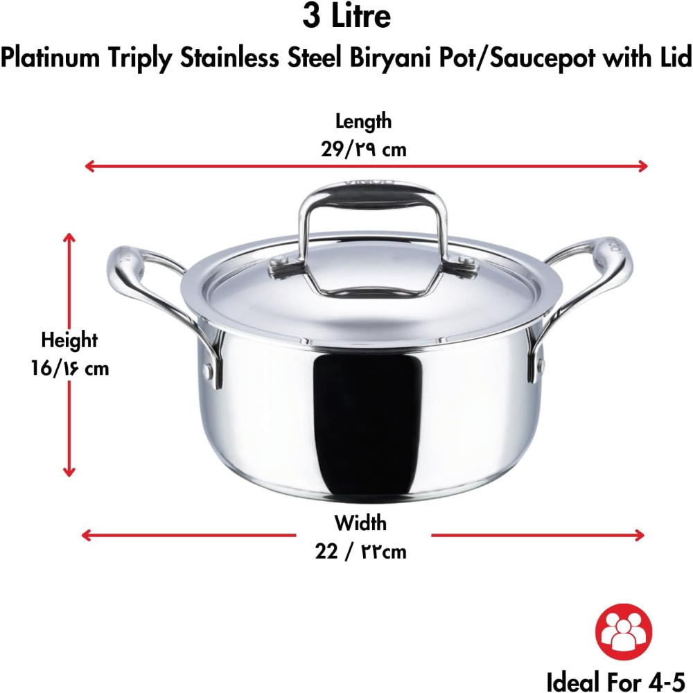 Vinod Platinum Triply Stainless Steel Saucepot with Lid - 20 cm, 3 L, 2.5mm Thickness, Silver (Induction Friendly)